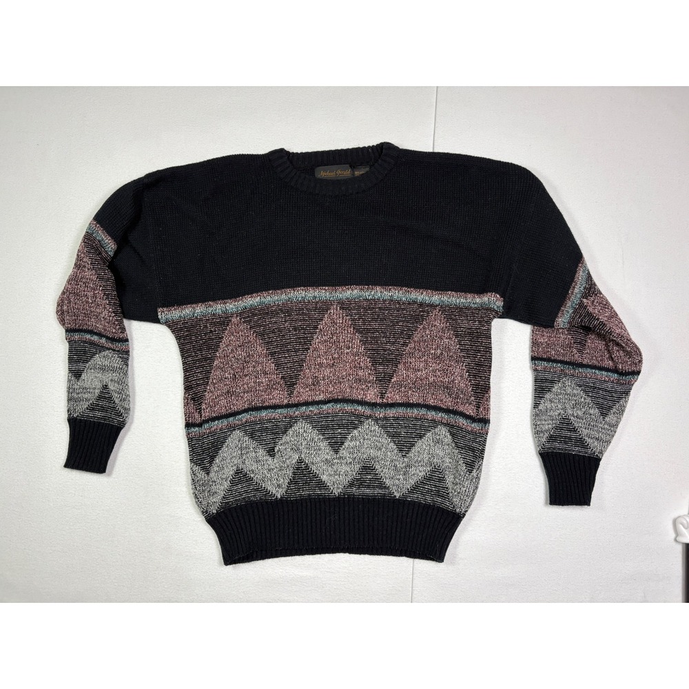 Michael Gerald Vintage 90s Geometric Knit Crewneck Sweater Mens XL Black Mauve